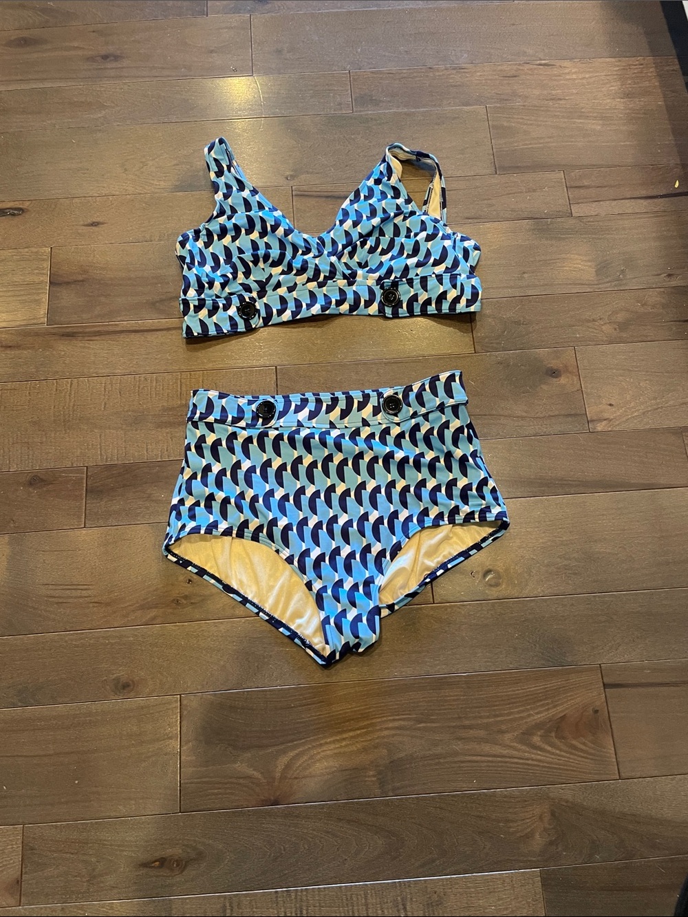 Eloquii Blue, Black and White Geometric High-Waist Bikini Set